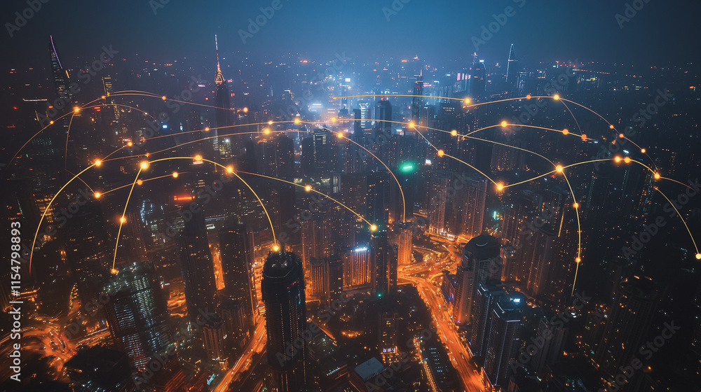 Fototapeta premium Smart digital Innovation city with connection network reciprocity over the cityscape. of future smart wireless digital city and social media networking systems that connects people with in city