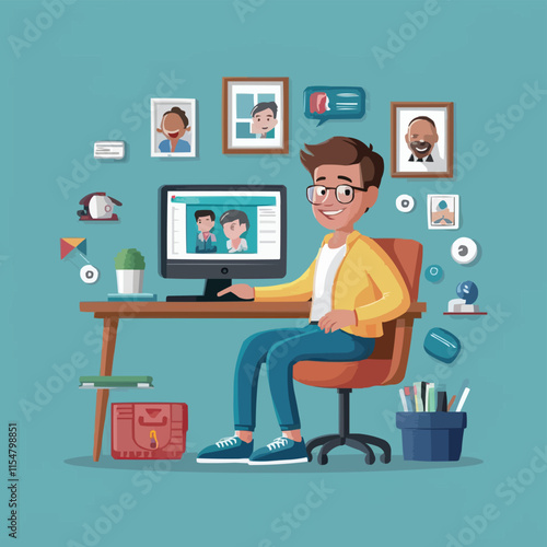 Freelancer sitting by computer working from home Victor Art with cartoon