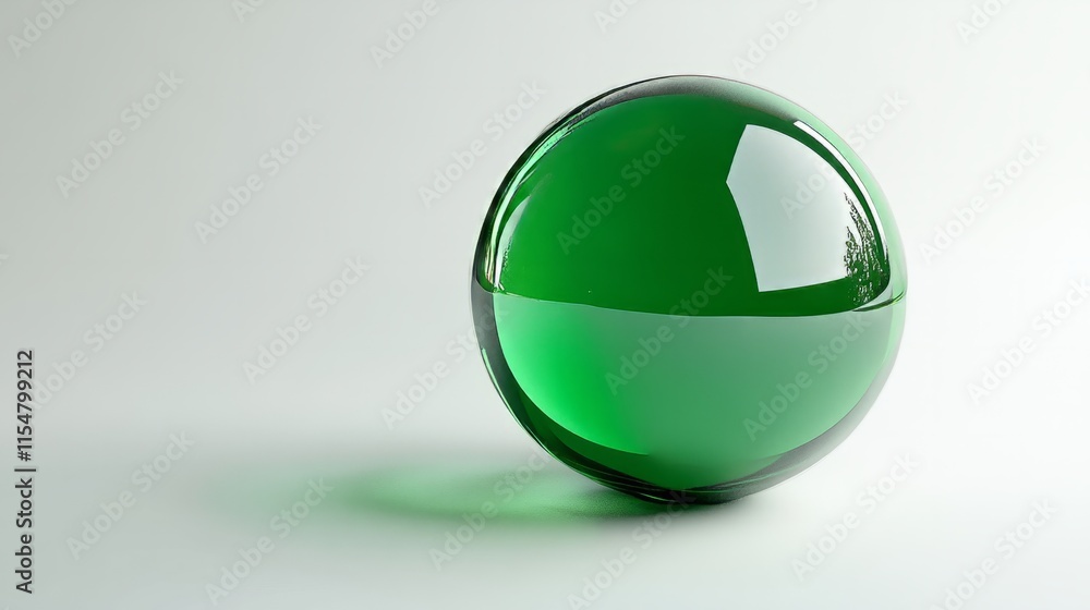 A glossy green sphere with soft reflections, floating on a clean white canvas A glossy green sphere with soft reflections, floating on a clean white canvas