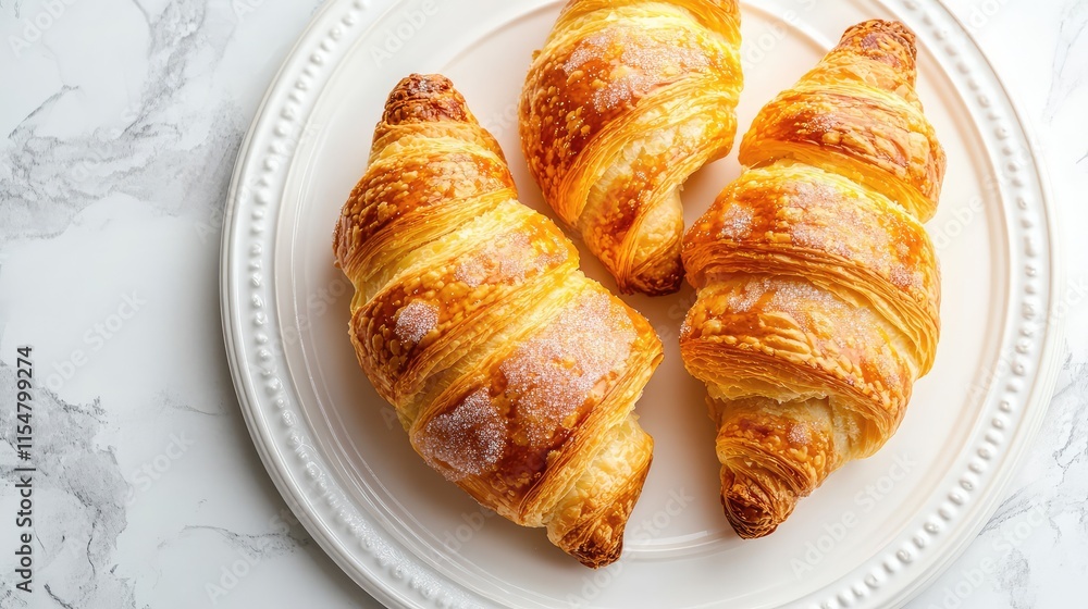 Freshly Baked Croissants on White Plate against Marble Background Freshly Baked Croissants on White Plate against Marble Background