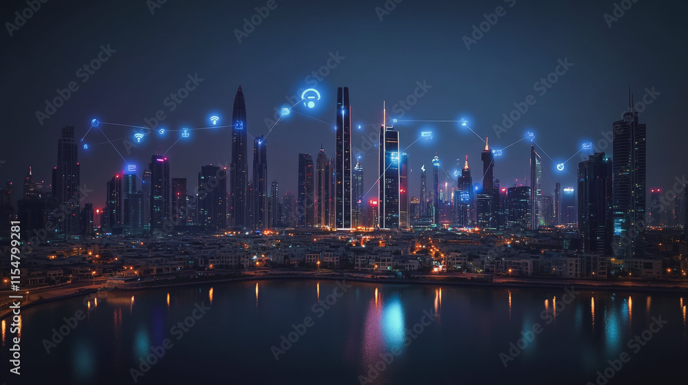 Fototapeta premium Smart digital Innovation city with connection network reciprocity over the cityscape. of future smart wireless digital city and social media networking systems that connects people with in city