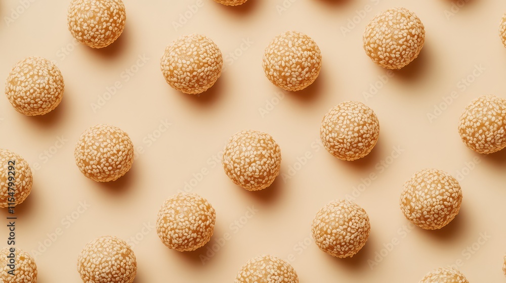 Delicious Round Treats Coated in Sesame Seeds on Cream Background Delicious Round Treats Coated in Sesame Seeds on Cream Background