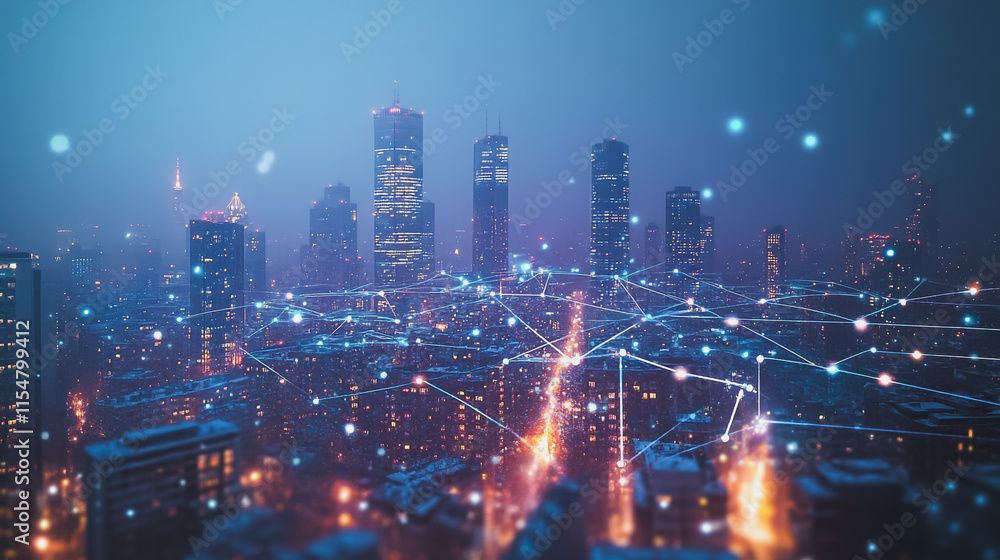Fototapeta premium Smart digital Innovation city with connection network reciprocity over the cityscape. of future smart wireless digital city and social media networking systems that connects people with in city