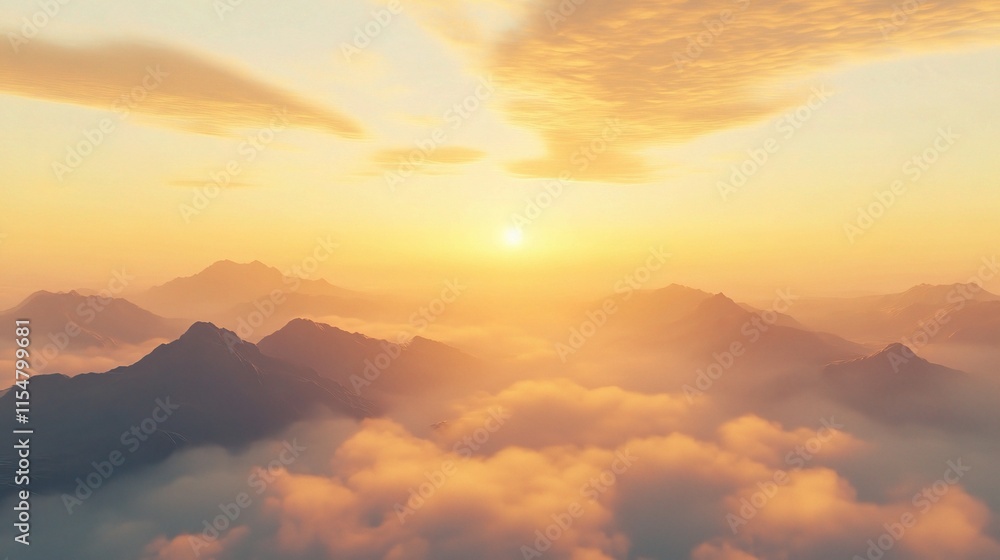 Golden Sunrise Over Misty Hills With Soft Light and Calm Atmosphere Golden Sunrise Over Misty Hills With Soft Light and Calm Atmosphere