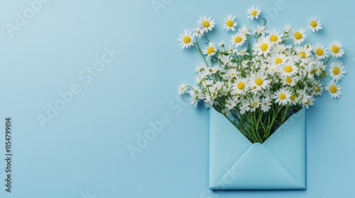 58.Delicate chamomile flowers nestled inside an open blue envelope, lying on a pastel blue backdrop with generous space for text; minimal and elegant, suitable for springtime celebration cards.