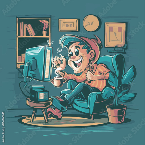 Freelancer sitting by computer working from home Victor Art with cartoon