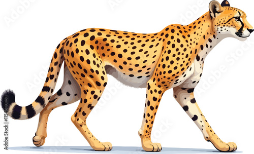 Vector image of a cheetah walking alertly on a clean white background.