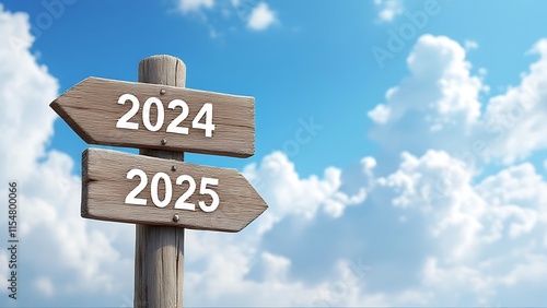 Wooden sign saying goodbye to the old year 2024 with welcome the new year 2025. New year symbol and business concept. photo