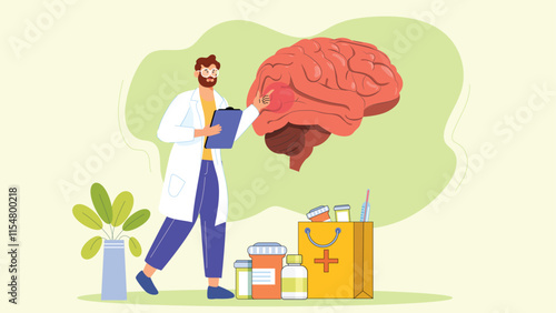 A scene showing a focused doctor examining brain visuals on a tablet or screen, with vibrant healthcare-themed details.