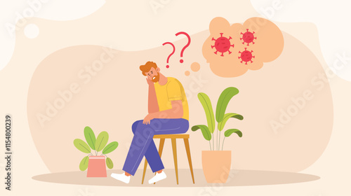 A thoughtful depiction of a man sitting with a worried expression, surrounded by health-related icons like pills and a thermometer.