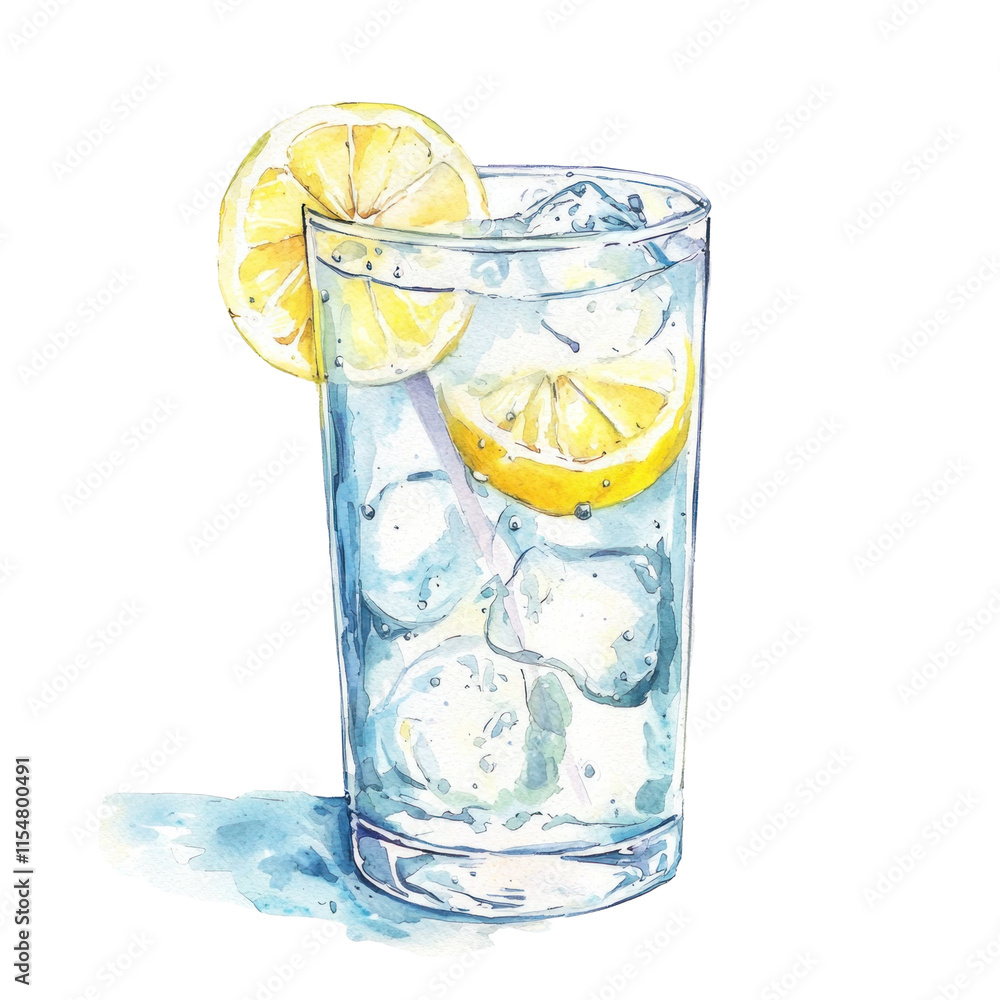Refreshing Water Glass with Lemon Slices and Ice Cubes in Pastel Illustration Style Refreshing Water Glass with Lemon Slices and Ice Cubes in Pastel Illustration Style