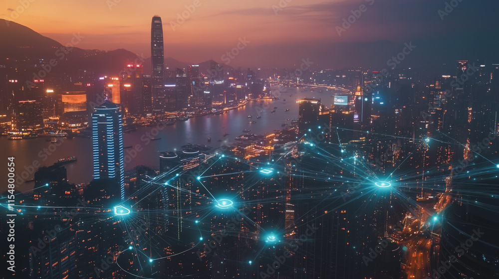 Fototapeta premium Smart digital Innovation city with connection network reciprocity over the cityscape. of future smart wireless digital city and social media networking systems that connects people with in city