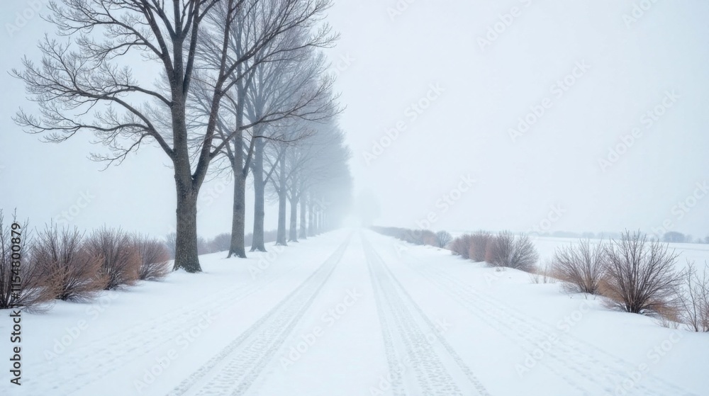 Serene Winter Road Bare Trees Line a Snow-Covered Path Vanishing into Misty Distance Serene Winter Road Bare Trees Line a Snow-Covered Path Vanishing into Misty Distance