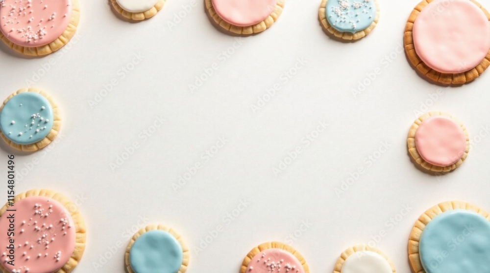 A delightful arrangement of pastel-colored iced cookies with sprinkles, creating a charming frame for your message or design. A delightful arrangement of pastel-colored iced cookies with sprinkles, creating a charming frame for your message or design.