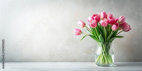 A delicate bouquet of pink tulips arranged in a clear glass vase sits on a white wooden surface against a textured grey wall.