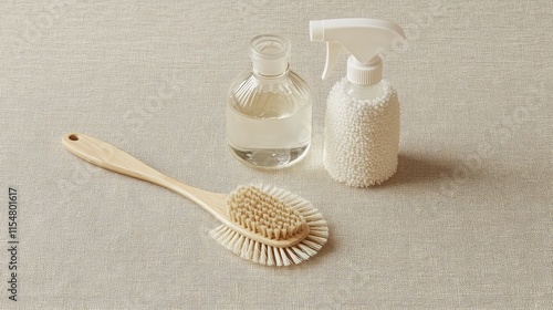 Cleaning Supplies on Table with Brush and Spray Bottle photo