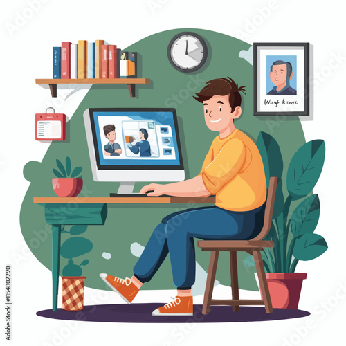 Freelancer sitting by computer work from home Victor Art with cartoon