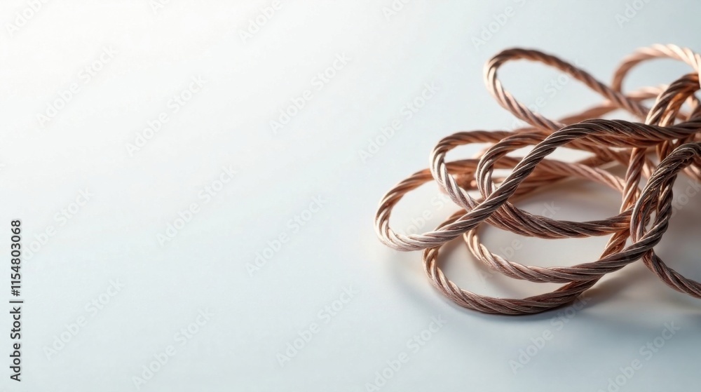 Intricate coils of copper wire, softly illuminated, rest on a smooth, bright surface Intricate coils of copper wire, softly illuminated, rest on a smooth, bright surface