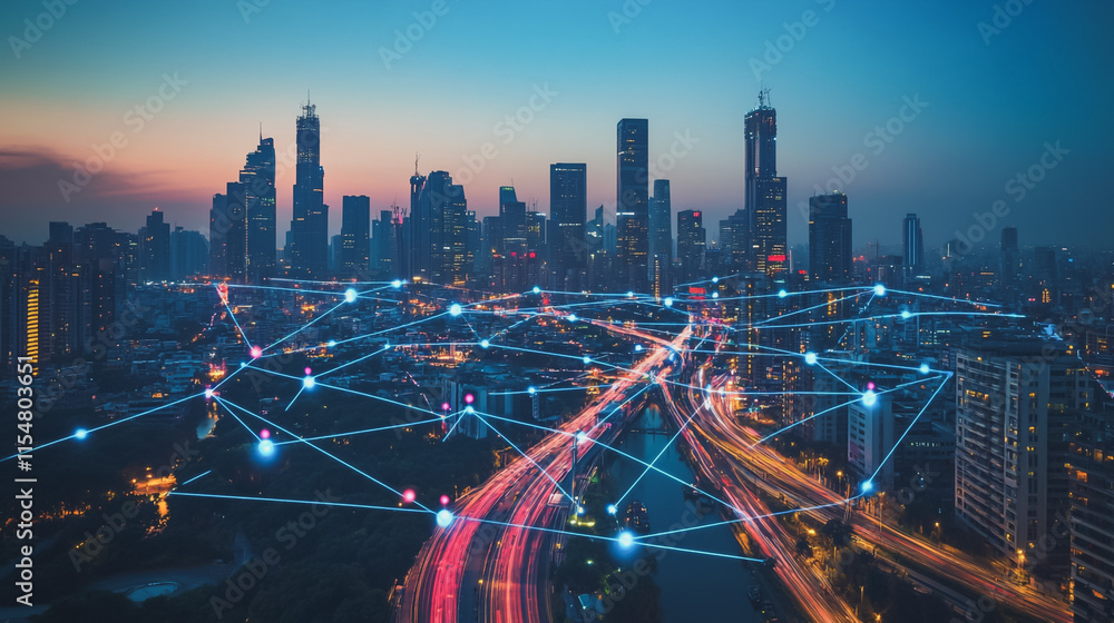 Obraz premium Smart digital city with connection cyber security network reciprocity over the cityscape . future smart wireless digital city and social media networking systems that connects people within the city