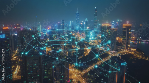 Wallpaper Mural Smart digital city with connection cyber security network reciprocity over the cityscape . future smart wireless digital city and social media networking systems that connects people within the city Torontodigital.ca