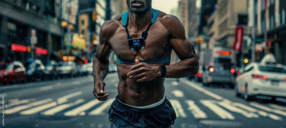 Fototapeta premium Urban Marathon Runner with Heart Rate Monitor on City Streets for Fitness Inspiration and Training