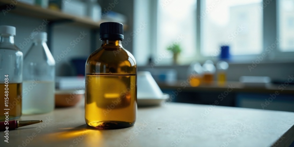 Amber bottle of liquid on a lab table with blurred background Amber bottle of liquid on a lab table with blurred background