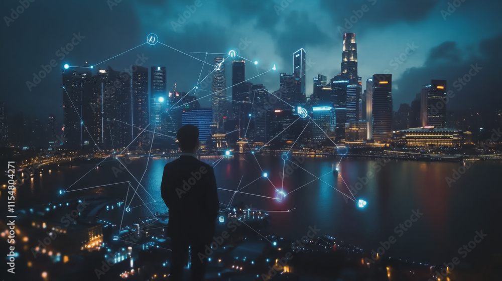 Fototapeta premium Smart digital city with connection cyber security network reciprocity over the cityscape . future smart wireless digital city and social media networking systems that connects people within the city