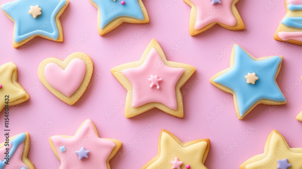 Colorful Star and Heart Shaped Cookies on Pink Background Colorful Star and Heart Shaped Cookies on Pink Background