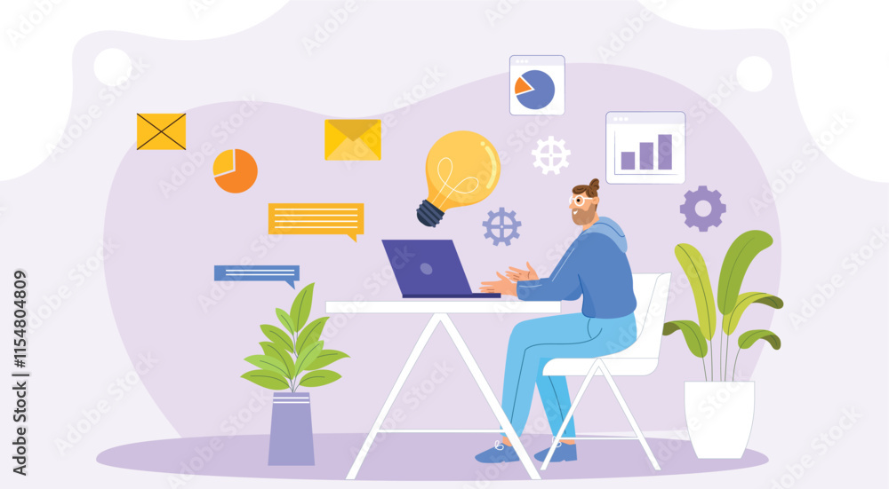 A modern illustration with people collaborating, a light bulb icon, and analytics charts to depict innovation. A modern illustration with people collaborating, a light bulb icon, and analytics charts to depict innovation.