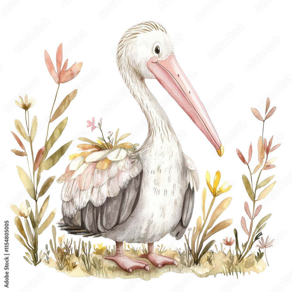 Fototapeta premium Charming Illustration of a Pelican Surrounded by Delicate Floral Elements in a Soft Watercolor Style