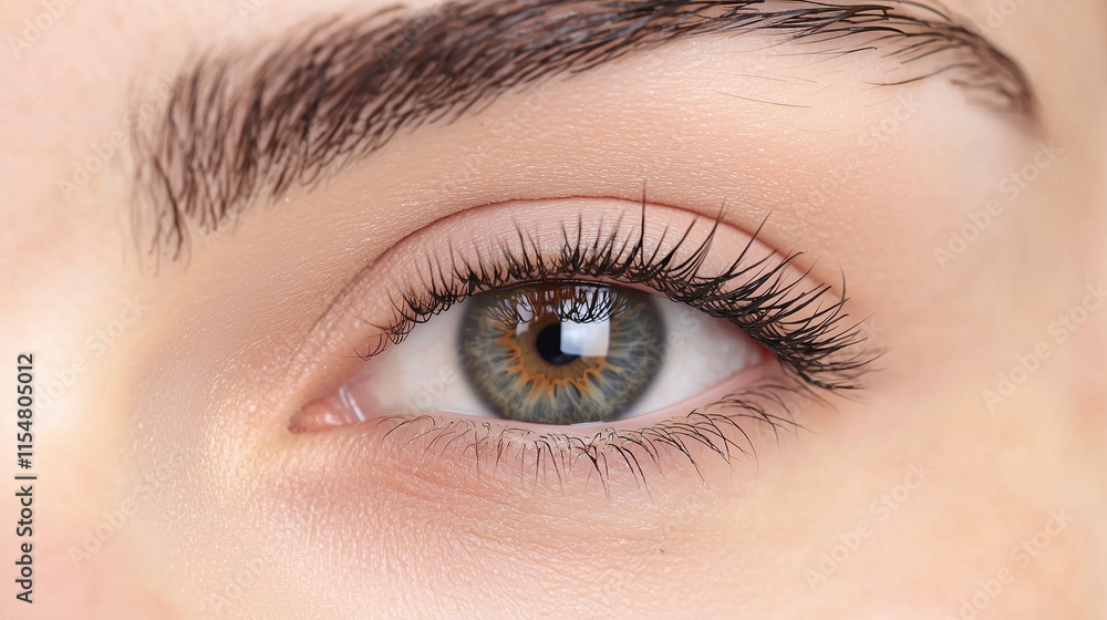 Fototapeta premium Close-up of a captivating hazel eye with long eyelashes, hinting at beauty, allure, and depth. The eye's natural beauty is highlighted.