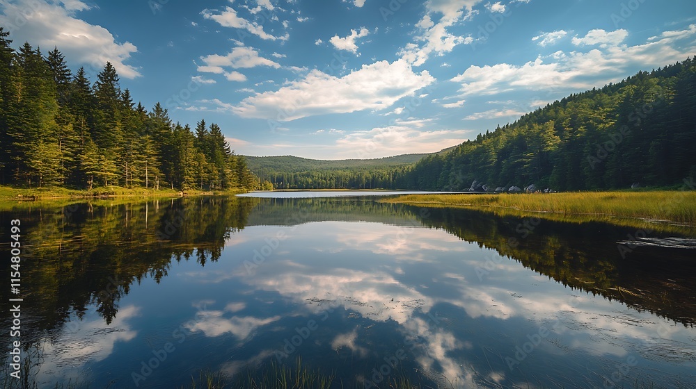 Fototapeta premium Serene Mountain Lake Reflecting Clouds. Tranquil Nature Landscape.