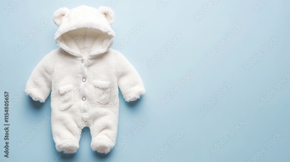 Cute White Baby Onesie with Hood and Ears on Soft Background Cute White Baby Onesie with Hood and Ears on Soft Background