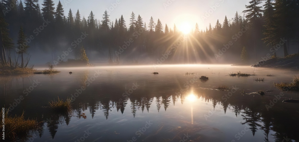 Fototapeta premium Morning sun peeks through the mist at Reflection Lake, gentle, water