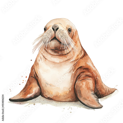 Charming Watercolor Illustration of a Relaxed Walrus with Playful Expressions and Gentle Features photo