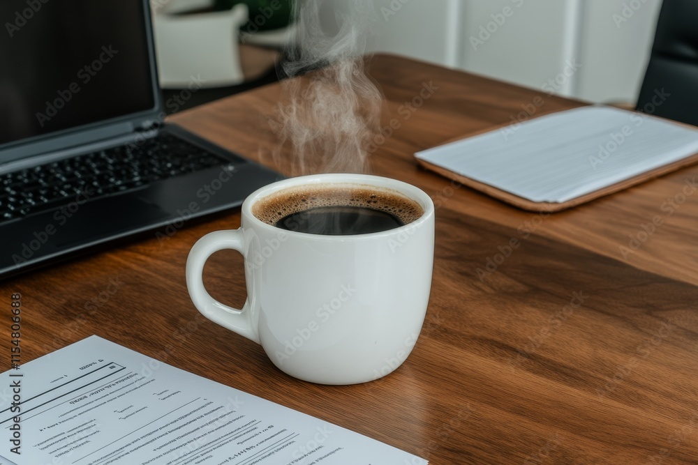 A hyper-realistic close-up of a recruiter desk with a pile of resumes, a laptop displaying candidate data, and a cup of coffee steaming nearby A hyper-realistic close-up of a recruiter desk with a pile of resumes, a laptop displaying candidate data, and a cup of coffee steaming nearby