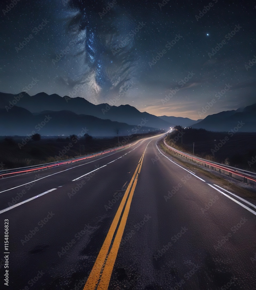 Fototapeta premium Nighttime photography of a deserted highway under starry sky, highway, auopista torreon coahuila