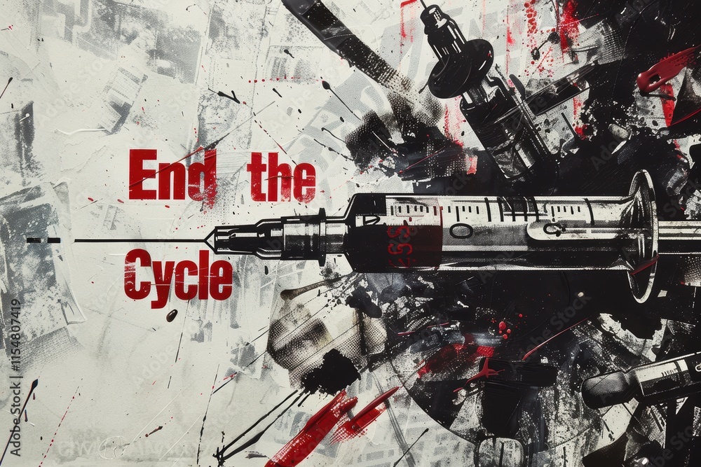 Fototapeta premium Powerful Anti-Drug Message: Fist Shatters Syringe in Urban Art Representation for Awareness Campaigns