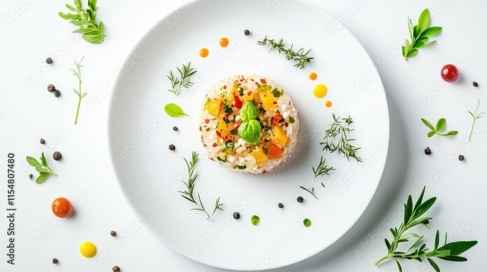 Colorful Gourmet Dish with Vegetables and Fresh Herbs on White Plate Colorful Gourmet Dish with Vegetables and Fresh Herbs on White Plate