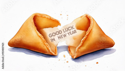 Close-up of a broken fortune cookie with Good luck in New Year message.