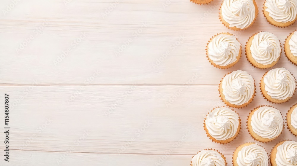 Obraz premium Delicious Creamy Vanilla Cupcakes on Wooden Table Background