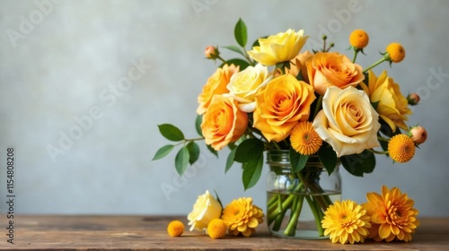 Wallpaper Mural A delightful arrangement of sun-kissed roses and cheerful chrysanthemums, artfully displayed in a clear glass vase on a rustic wooden surface against a muted grey backdrop. Torontodigital.ca