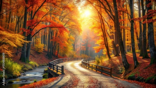 Autumnal Road Through a Sunlit Forest with a Gentle Stream