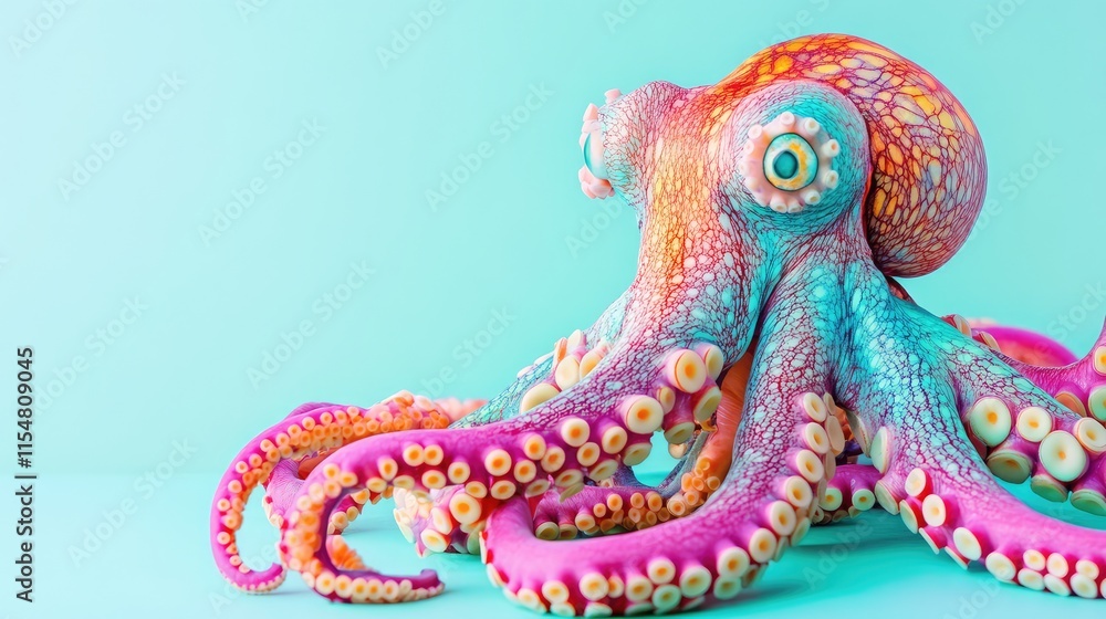 Colorful Octopus on Soft Mint Background with Bright Details Colorful Octopus on Soft Mint Background with Bright Details