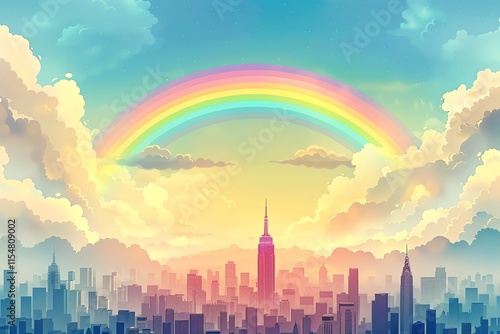 Rainbow over cityscape at sunrise.