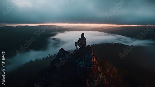 Hiker overlooking foggy landscape at dawn mountain view nature photography tranquil environment inspirational concept