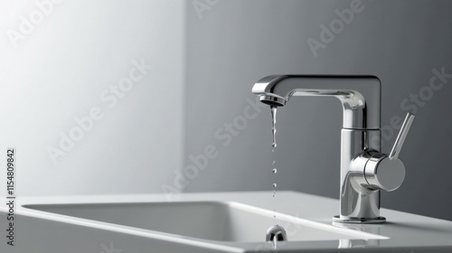 Modern chrome faucet with water dripping into a pristine white sink, minimalist bathroom design