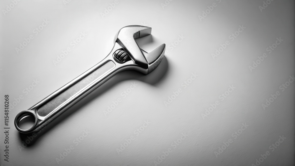 A shiny, metallic adjustable wrench rests on a plain white background, ready for use in any repair or construction project. A shiny, metallic adjustable wrench rests on a plain white background, ready for use in any repair or construction project.
