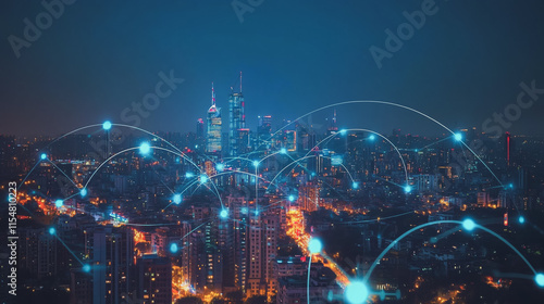 Wallpaper Mural Smart digital city with connection cyber security network reciprocity over the cityscape . future smart wireless digital city and social media networking systems that connects people within the city Torontodigital.ca