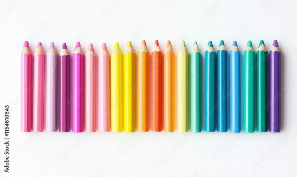 Obraz premium a row of pastel-colored pencils on a white background